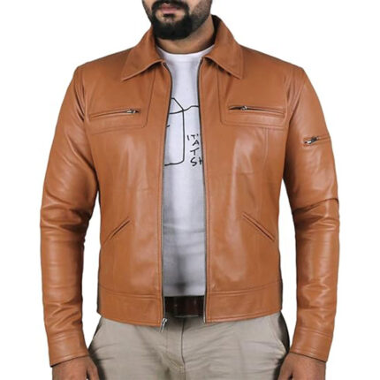 Custom Men's Tan Brown Real Leather Biker Jacket with Zipper Pockets - Warrco Industry
