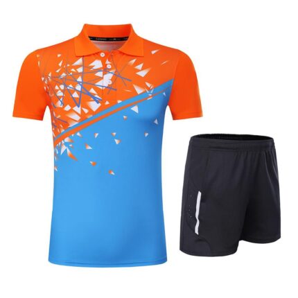 Orange and blue custom badminton polo shirt with black shorts – Warrco Industry