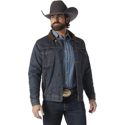 Custom Men's Western Dark Blue Denim Jacket with Brown Leather Collar - Warrco Industry