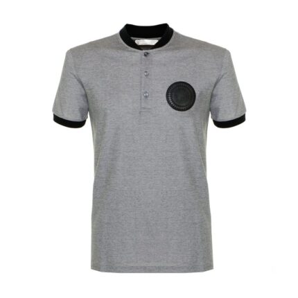Custom Men's Heather Grey Collarless Polo Shirt with Black Ribbed Trim - Warrco Industry