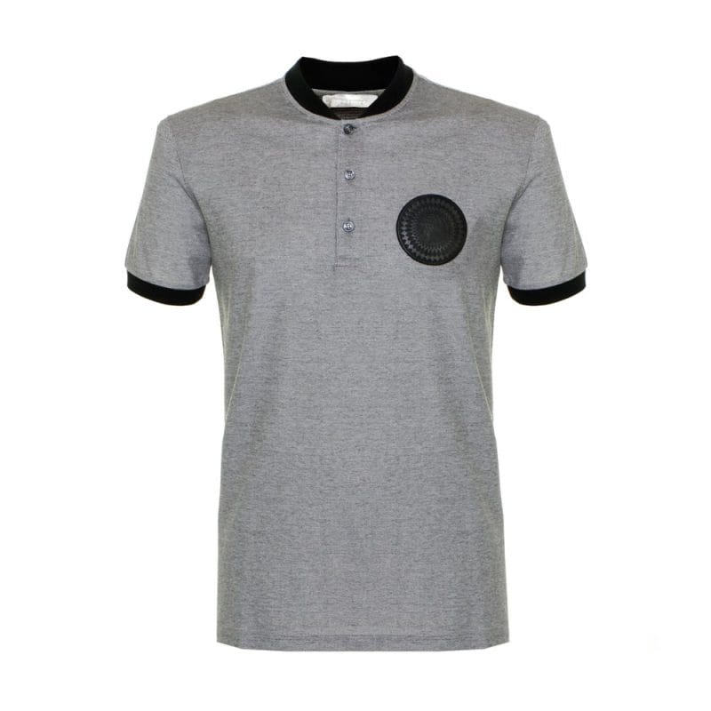 Custom Men's Heather Grey Collarless Polo Shirt with Black Ribbed Trim - Warrco Industry