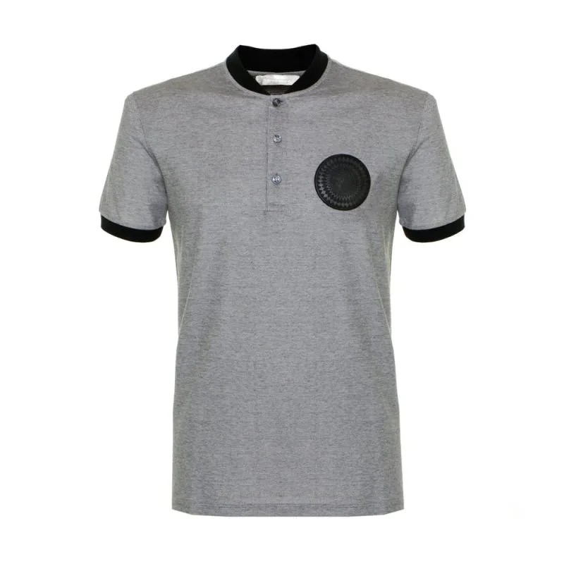 Custom Men's Heather Grey Collarless Polo Shirt with Black Ribbed Trim - Warrco Industry