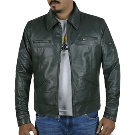 Custom Men's Dark Green Real Leather Biker Jacket with Zipper Pockets - Warrco Industry