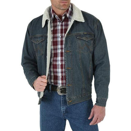 Custom Men's Western Dark Blue Denim Jacket with Brown Leather Collar - Warrco Industry