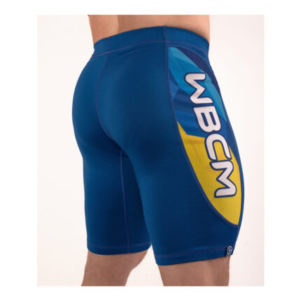 Custom Men's Royal Blue Athletic Compression Shorts with Side Panel Graphic and Branding Text - Warrco Industry