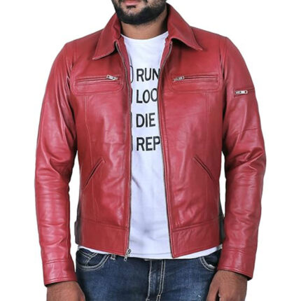 Custom Men's Red Real Leather Biker Jacket with Zipper Pockets - Warrco Industry