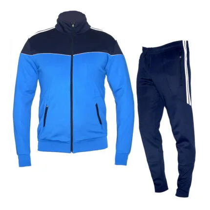 Custom Men's Two-Tone Royal Blue and Dark Navy Full-Zip Track Jacket with Contrast Piping and Matching Striped Navy Track Pants - Warrco Industry