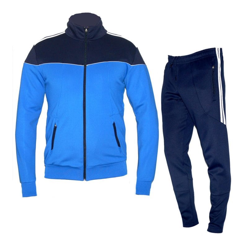 Custom Men's Two-Tone Royal Blue and Dark Navy Full-Zip Track Jacket with Contrast Piping and Matching Striped Navy Track Pants - Warrco Industry