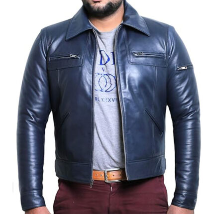 Custom Men's Navy Blue Real Leather Biker Jacket with Zipper Pockets - Warrco Industry