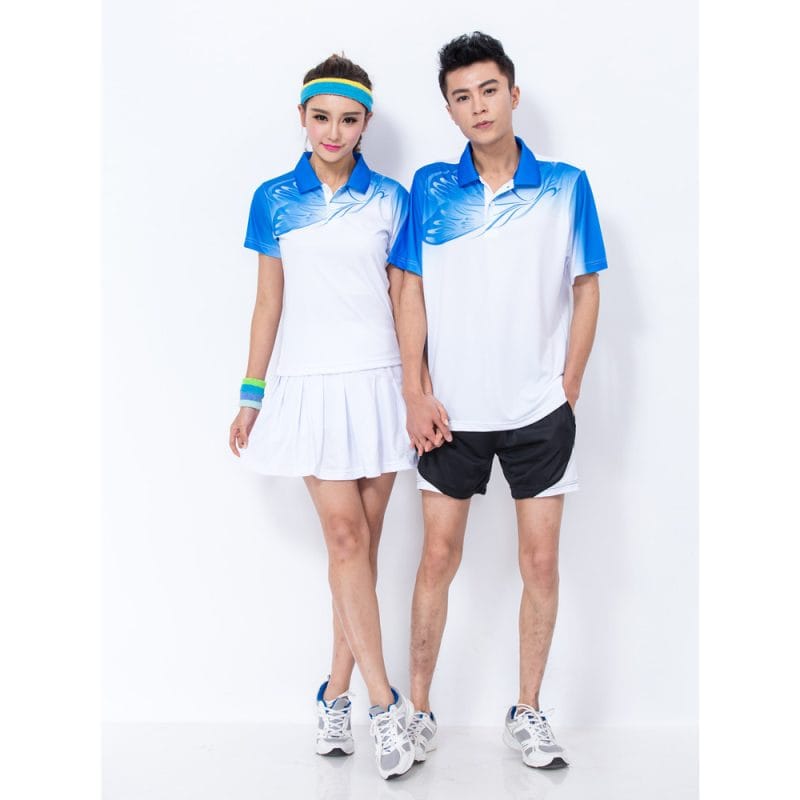White and blue wave-print badminton polo with black shorts and matching pleated skirt – Warrco Industry