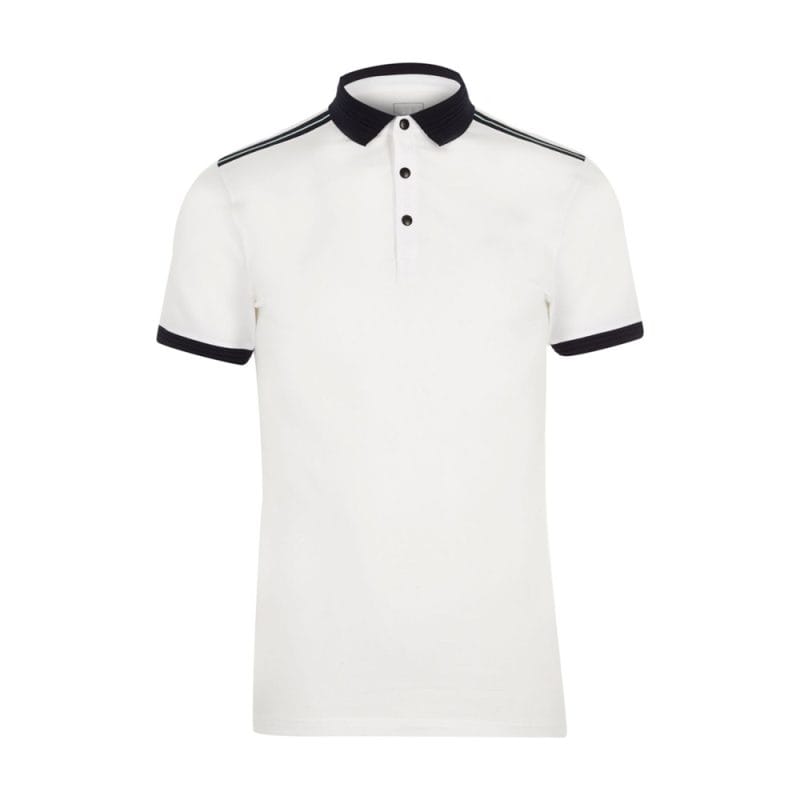 Custom Men's White Cotton Piqué Polo Shirt with Black Ribbed Collar and Shoulder Piping - Warrco Industry
