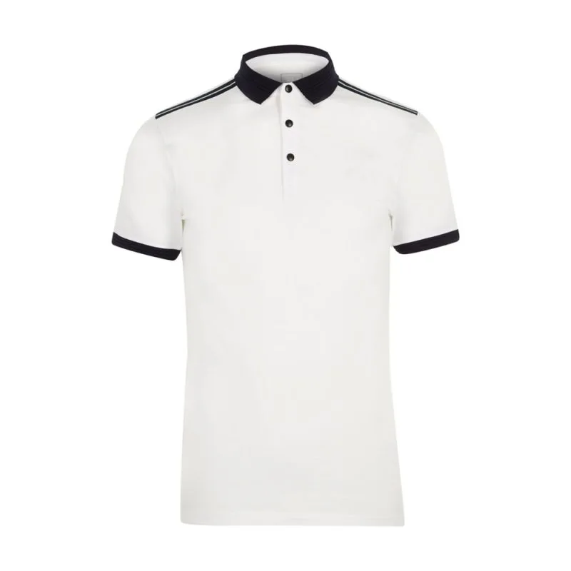 Custom Men's White Cotton Piqué Polo Shirt with Black Ribbed Collar and Shoulder Piping - Warrco Industry