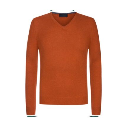 Custom Men's Rust Orange V-Neck Knit Cotton Sweater - Warrco Industry
