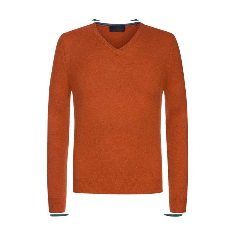 Custom Men's Rust Orange V-Neck Knit Cotton Sweater - Warrco Industry