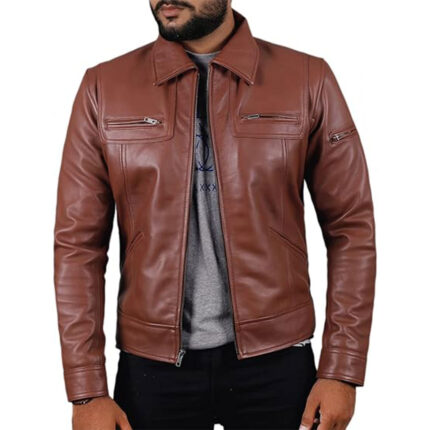 Custom Men's Chestnut Brown Real Leather Biker Jacket with Zipper Pockets - Warrco Industry