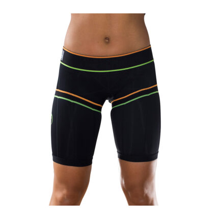 Custom Women's Black Athletic Compression Shorts with Neon Green and Orange Contrast Stitching - Warrco Industry