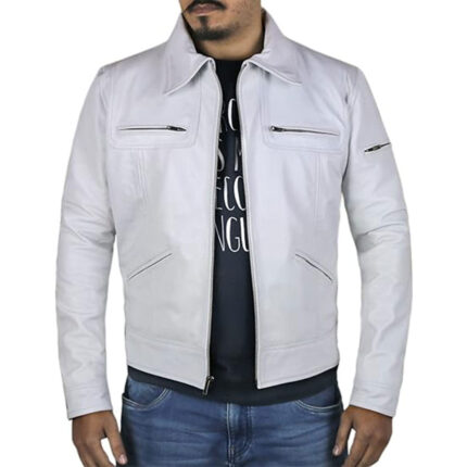 Custom Men's White Real Leather Biker Jacket with Zipper Pockets - Warrco Industry