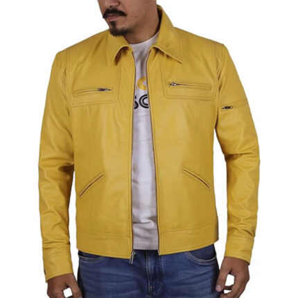 Custom Men's Yellow Real Leather Biker Jacket with Zipper Pockets - Warrco Industry