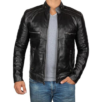 Custom Men's Black Distressed Real Leather Café Racer Jacket with Snap Collar - Warrco Industry