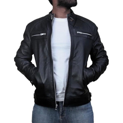 Custom Men's Black Real Leather Biker Jacket with Snap Button Collar - Warrco Industry