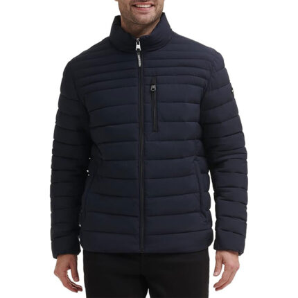 Custom Men's Navy Blue Lightweight Quilted Puffer Jacket with Zipper Pockets - Warrco Industry