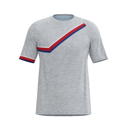 Custom Men's Heather Grey Athletic T-Shirt with Red and Navy Diagonal Chevron Chest Stripe and Sleeve Trim - Warrco Industry