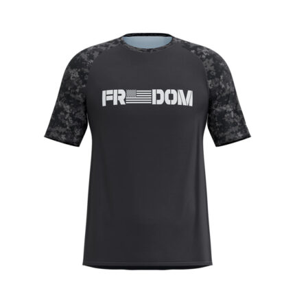 Custom Men's Black Athletic T-Shirt with Digital Camouflage Raglan Sleeves and FREEDOM Chest Graphic - Warrco Industry