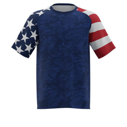 Custom Men's Navy Blue Sublimated Athletic T-Shirt with Stars on Right Sleeve and Stripes on Left Sleeve - Warrco Industry