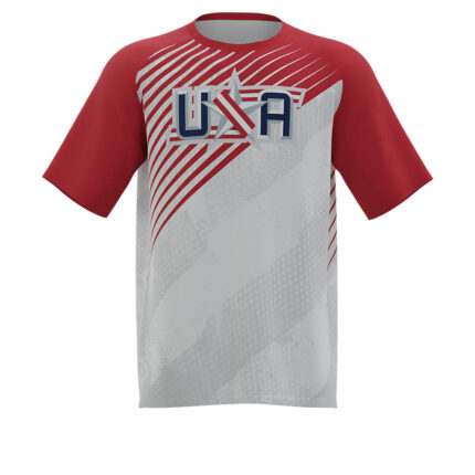 Custom Men's Light Grey and Red Athletic T-Shirt with Red Raglan Sleeves and USA Star Typography Chest Graphic - Warrco Industry