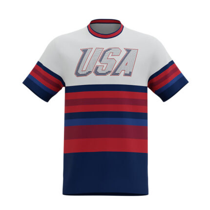 Custom Men's White and Red Block Striped Athletic T-Shirt with Bold USA Chest Typography and Contrast Collar - Warrco Industry