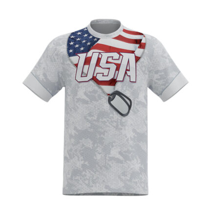 Custom Men's Light Grey and White Camo Athletic T-Shirt with US Flag Chest Insert, Bold USA Graphic, and Sublimated Dog Tag Necklace Detail - Warrco Industry