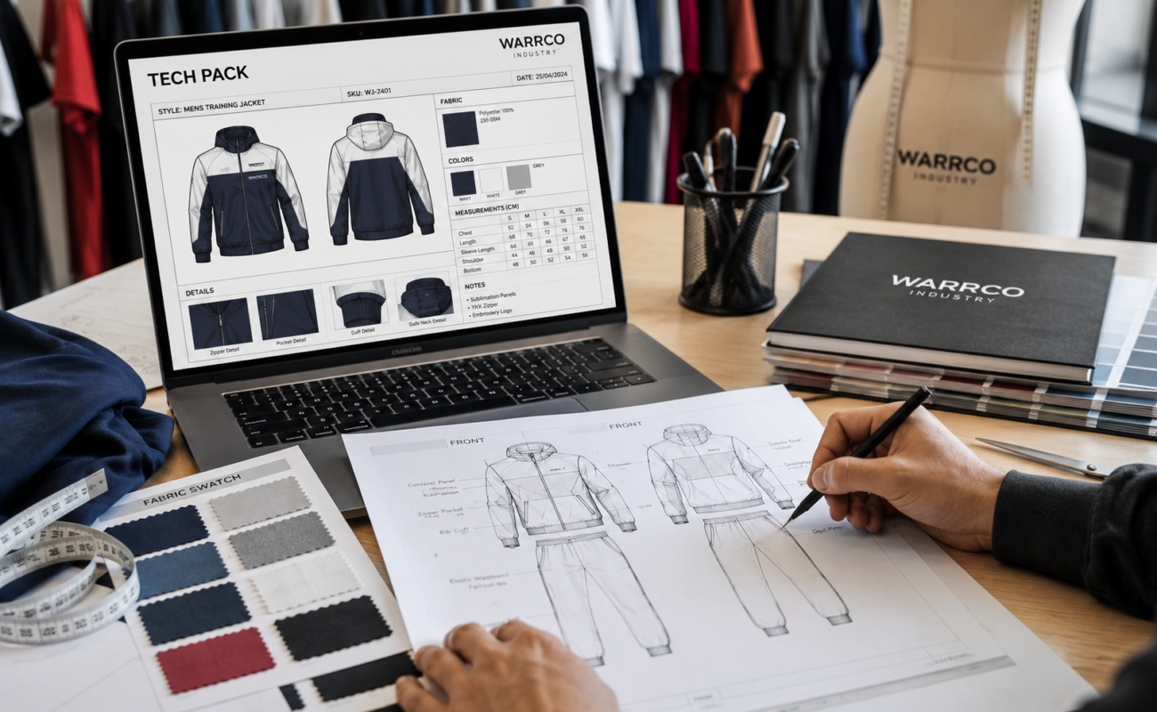 Tech pack and pattern development process for custom sportswear and clothing manufacturing by Warrco Industry.