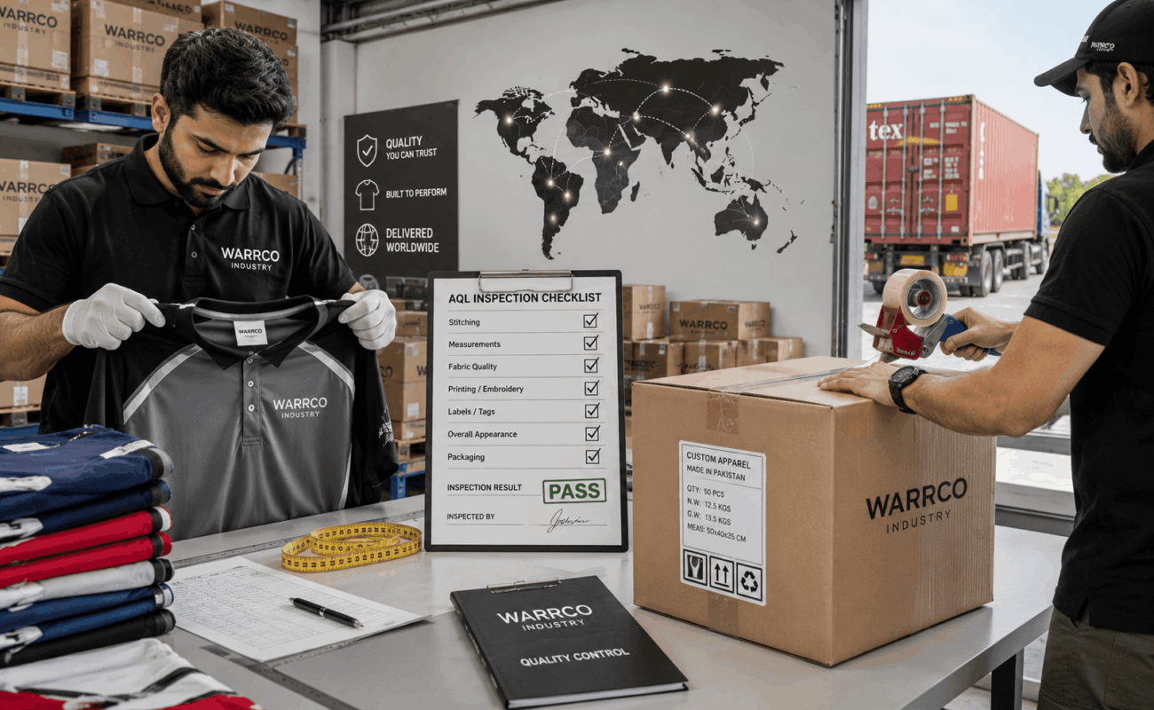 AQL inspection and global export of custom sportswear by Warrco Industry